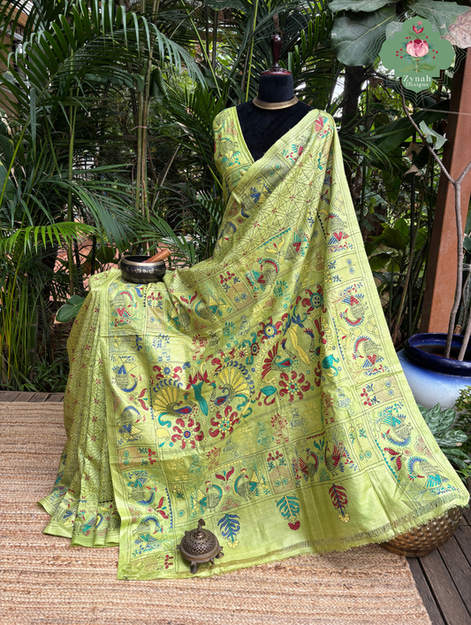 Tarangini Lime Green Pure Gachi Tussar Silk Saree With Kantha Hand Embroidery