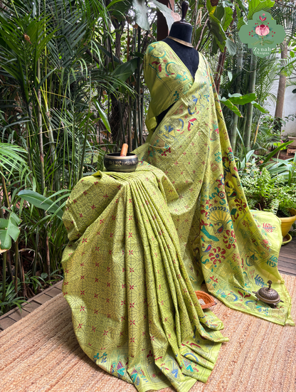 Tarangini Lime Green Pure Gachi Tussar Silk Saree With Kantha Hand Embroidery - SKU 0907202602