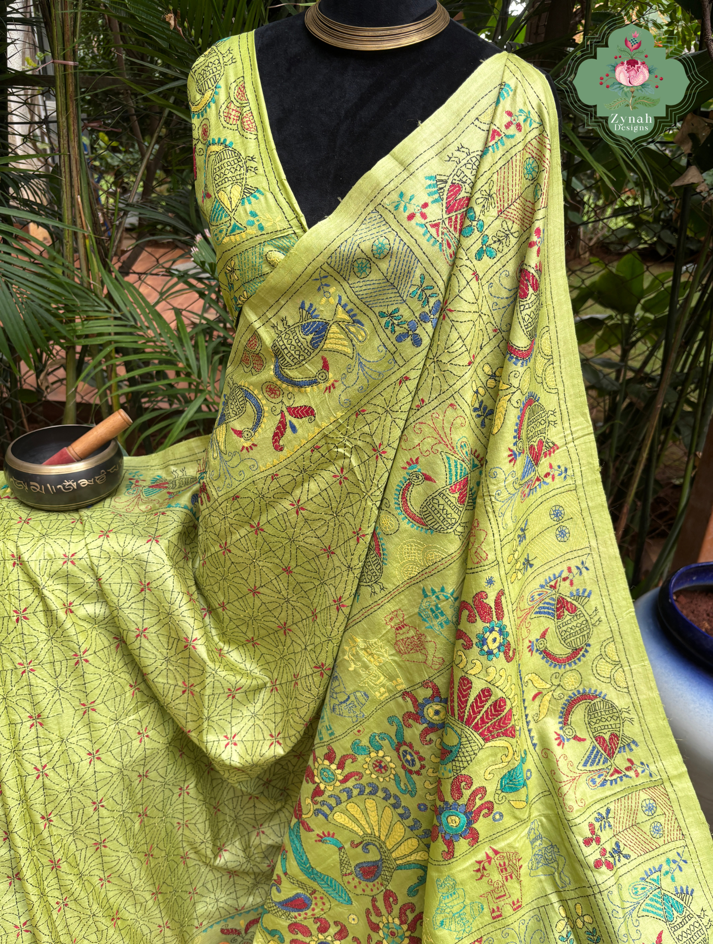 Tarangini Lime Green Pure Gachi Tussar Silk Saree With Kantha Hand Embroidery - SKU 0907202602