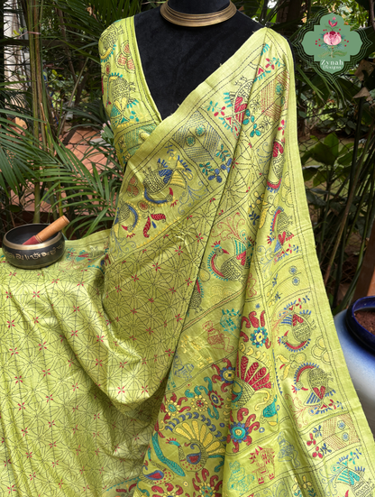 Tarangini Lime Green Pure Gachi Tussar Silk Saree With Kantha Hand Embroidery - SKU 0907202602