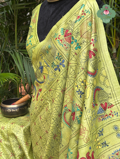 Tarangini Lime Green Pure Gachi Tussar Silk Saree With Kantha Hand Embroidery - SKU 0907202602