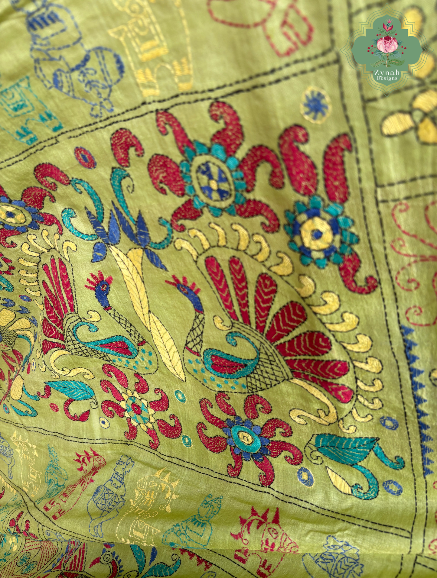 Tarangini Lime Green Pure Gachi Tussar Silk Saree With Kantha Hand Embroidery - SKU 0907202602
