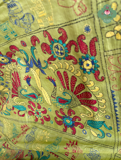 Tarangini Lime Green Pure Gachi Tussar Silk Saree With Kantha Hand Embroidery - SKU 0907202602
