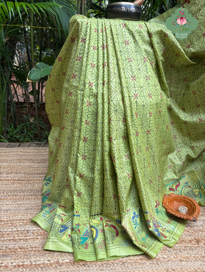 Tarangini Lime Green Pure Gachi Tussar Silk Saree With Kantha Hand Embroidery - SKU 0907202602