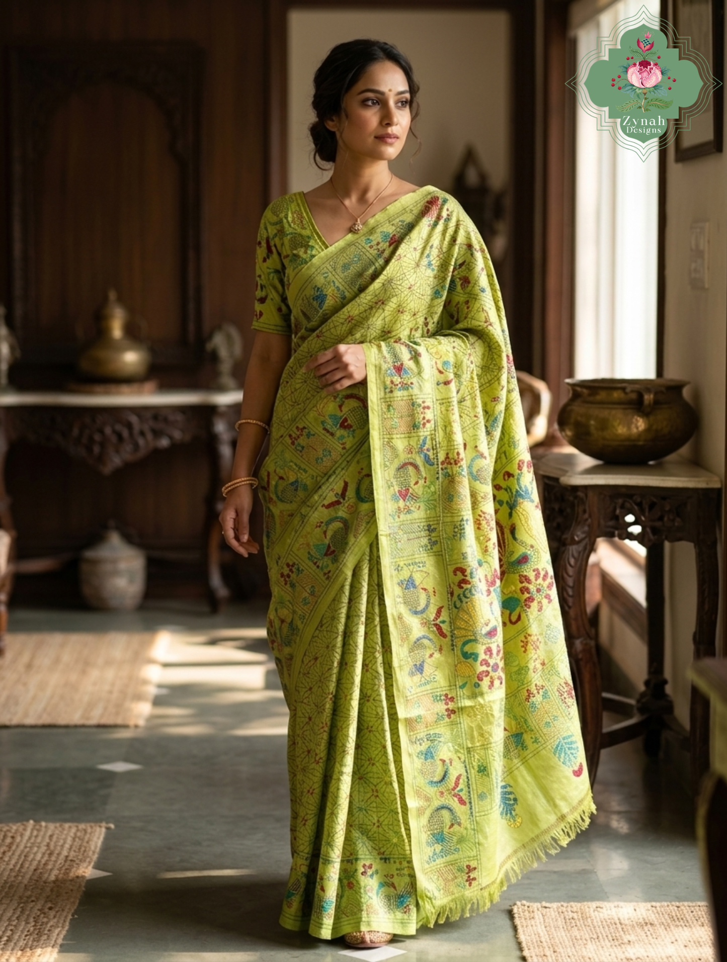 Tarangini Lime Green Pure Gachi Tussar Silk Saree With Kantha Hand Embroidery - SKU 0907202602