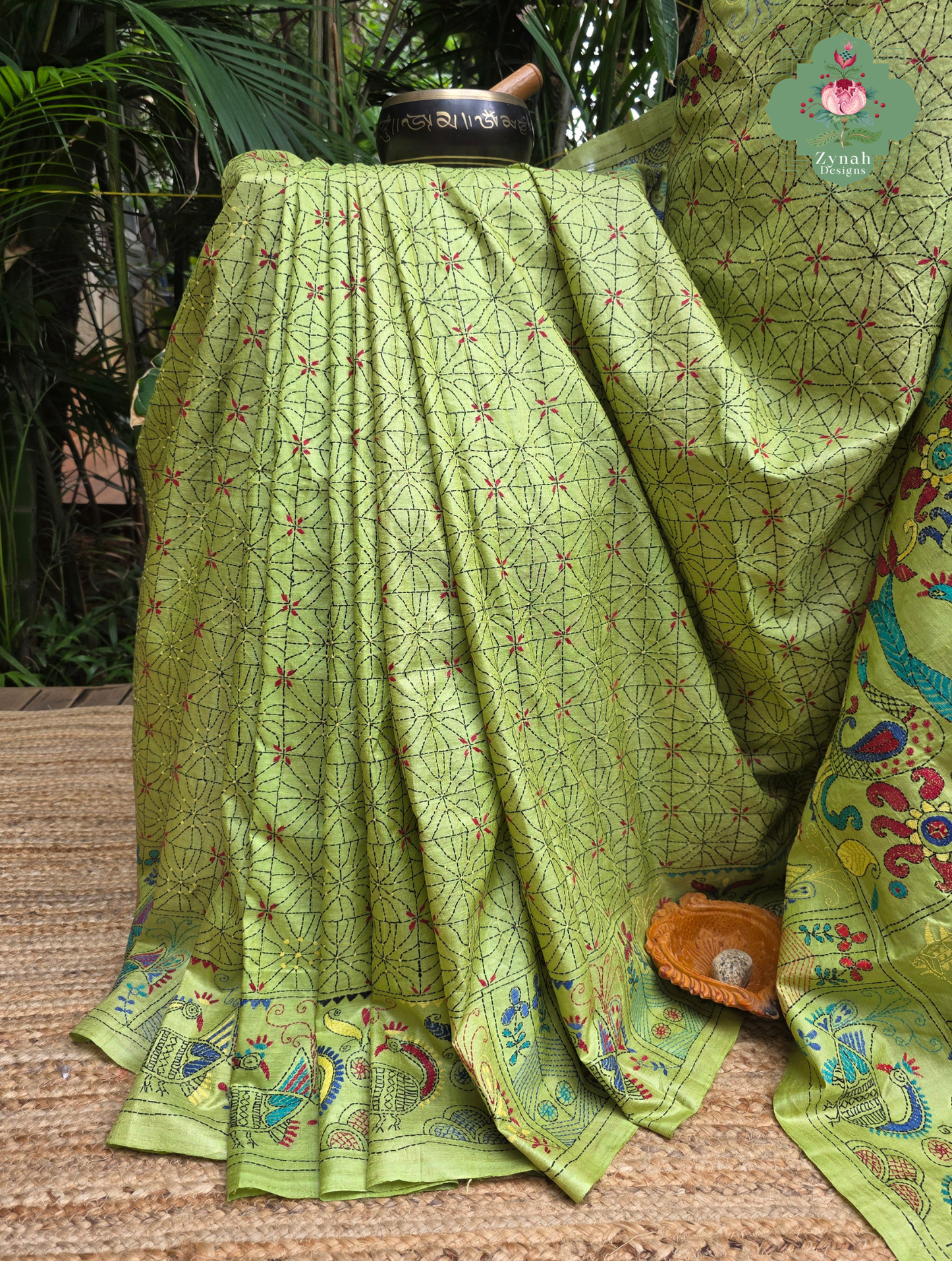 Tarangini Lime Green Pure Gachi Tussar Silk Saree With Kantha Hand Embroidery