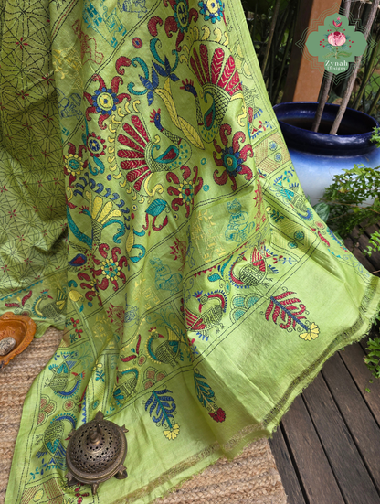 Tarangini Lime Green Pure Gachi Tussar Silk Saree With Kantha Hand Embroidery