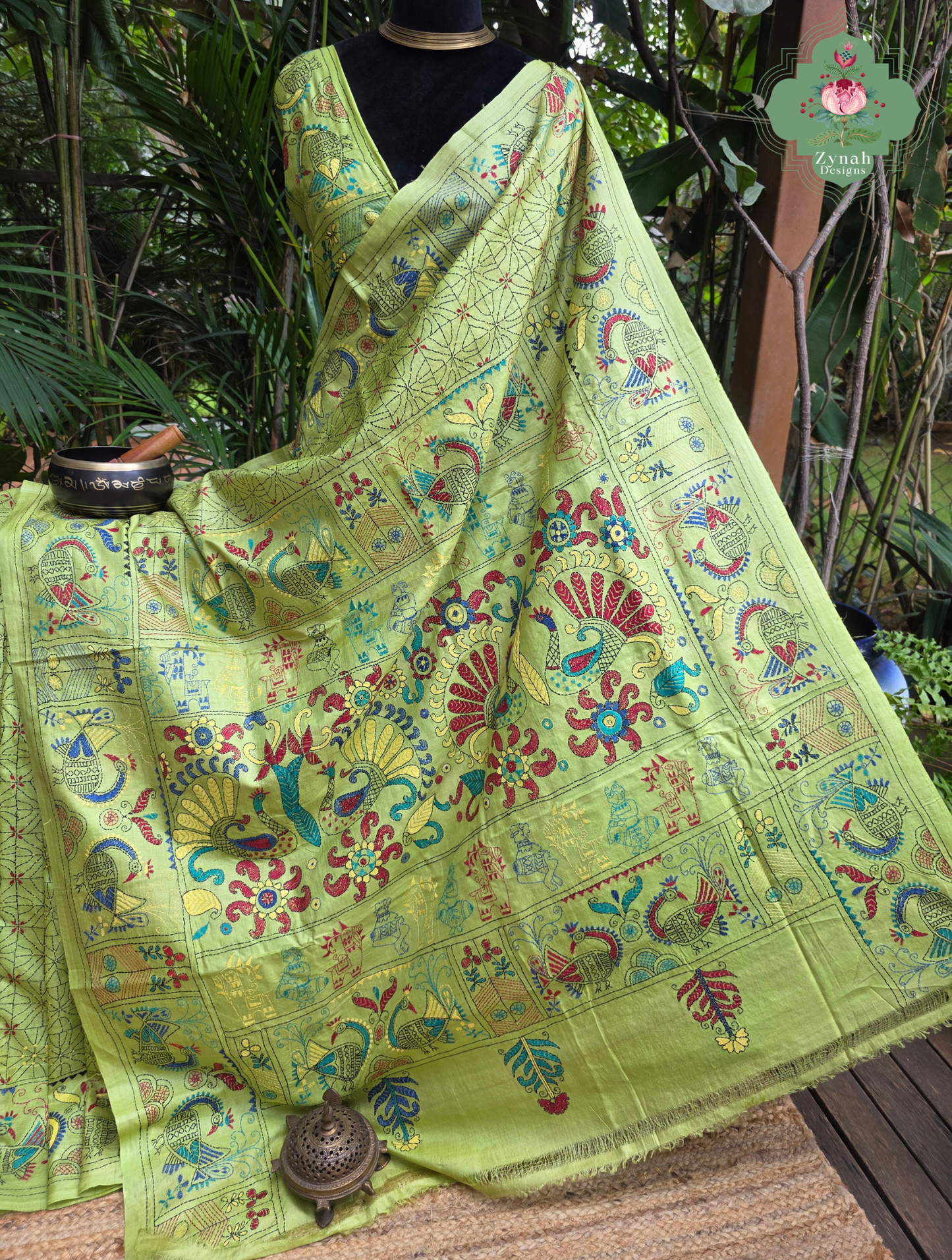 Tarangini Lime Green Pure Gachi Tussar Silk Saree With Kantha Hand Embroidery