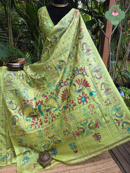 Tarangini Lime Green Pure Gachi Tussar Silk Saree With Kantha Hand Embroidery