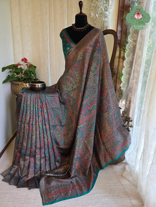 Lina | Turquoise Kashmiri Pure Kani Silk Jamavar Weave Saree | Made To Order