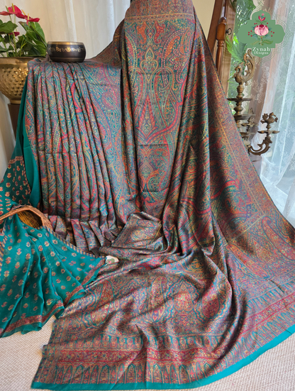 Lina | Turquoise Kashmiri Pure Kani Silk Jamavar Weave Saree | Made To Order