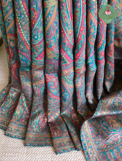 Lina | Turquoise Kashmiri Pure Kani Silk Jamavar Weave Saree | Made To Order