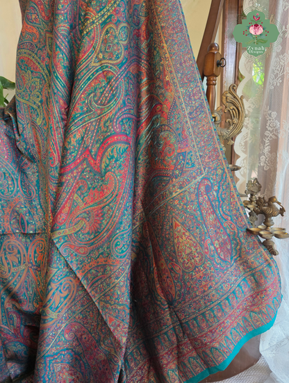 Lina | Turquoise Kashmiri Pure Kani Silk Jamavar Weave Saree | Made To Order