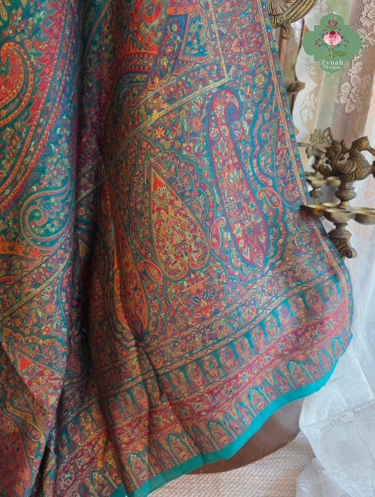 Lina | Turquoise Kashmiri Pure Kani Silk Jamavar Weave Saree | Made To Order