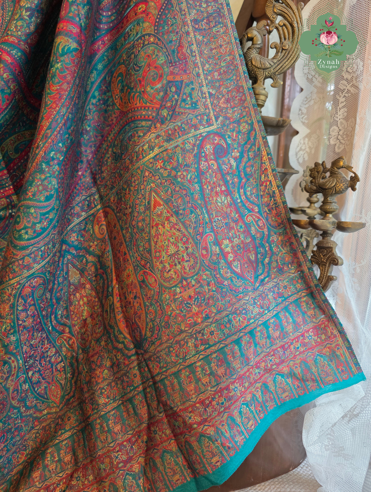 Lina | Turquoise Kashmiri Pure Kani Silk Jamavar Weave Saree | Made To Order