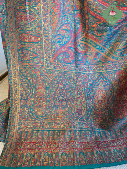 Lina | Turquoise Kashmiri Pure Kani Silk Jamavar Weave Saree | Made To Order