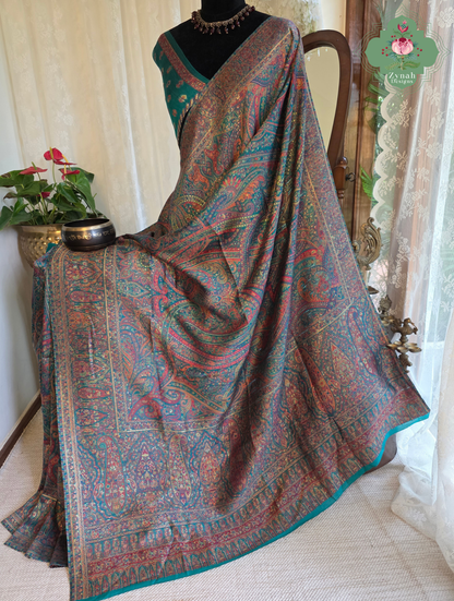 Lina | Turquoise Kashmiri Pure Kani Silk Jamavar Weave Saree | Made To Order