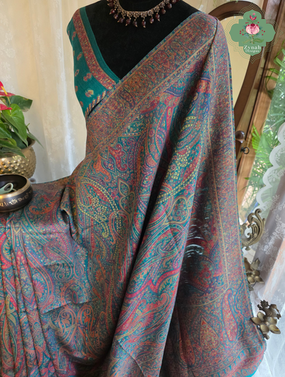 Lina | Turquoise Kashmiri Pure Kani Silk Jamavar Weave Saree | Made To Order