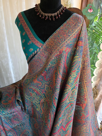Lina | Turquoise Kashmiri Pure Kani Silk Jamavar Weave Saree | Made To Order