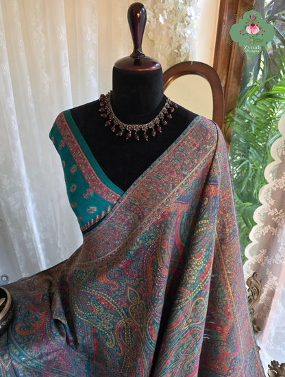 Lina | Turquoise Kashmiri Pure Kani Silk Jamavar Weave Saree | Made To Order