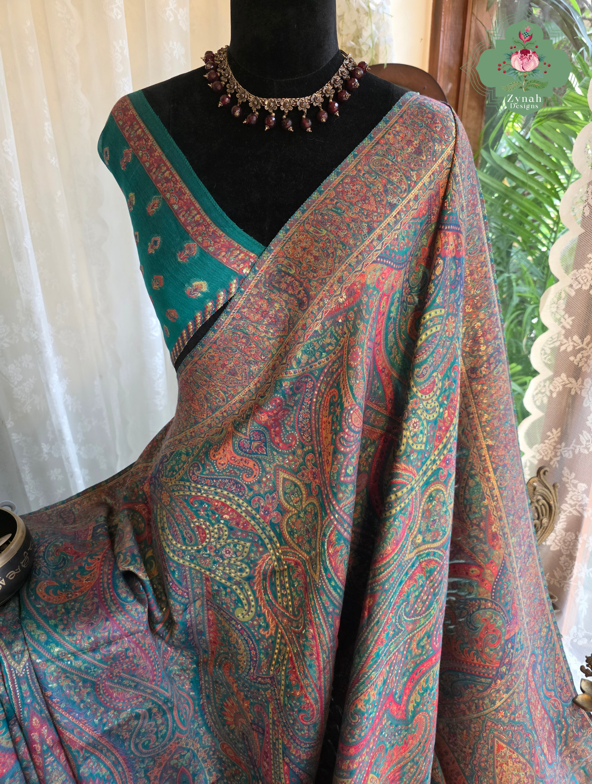 Lina | Turquoise Kashmiri Pure Kani Silk Jamavar Weave Saree | Made To Order
