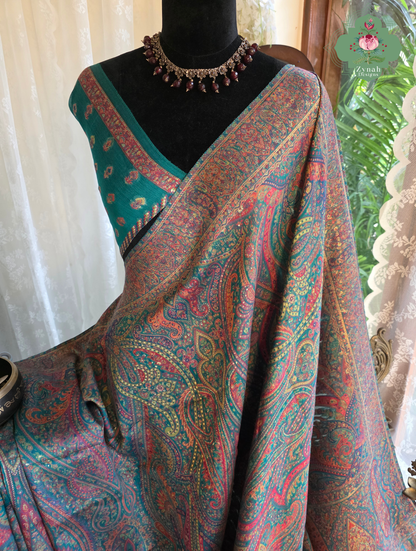 Lina | Turquoise Kashmiri Pure Kani Silk Jamavar Weave Saree | Made To Order