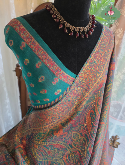 Lina | Turquoise Kashmiri Pure Kani Silk Jamavar Weave Saree | Made To Order