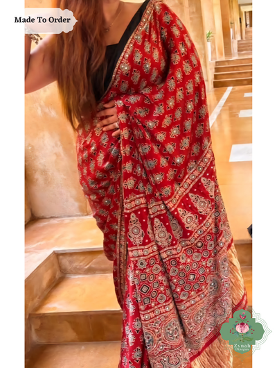 Zynah Made To Order Madder Red Ajrakh Modal Silk Saree With Hand Embellishments; Custom Stitched/Ready-made Blouse, Fall, Petticoat; SKU:1909202501