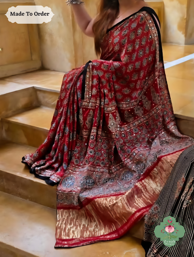 Zynah Made To Order Madder Red Ajrakh Modal Silk Saree With Hand Embellishments; Custom Stitched/Ready-made Blouse, Fall, Petticoat; SKU:1909202501