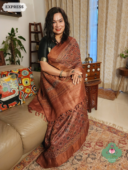 Zynah Madder Red Pure Tussar Silk Hand Block Print Ajrakh Saree With Hand Embroidery; Custom Stitched/Ready-made Blouse, Fall, Petticoat; SKU: 2409202509