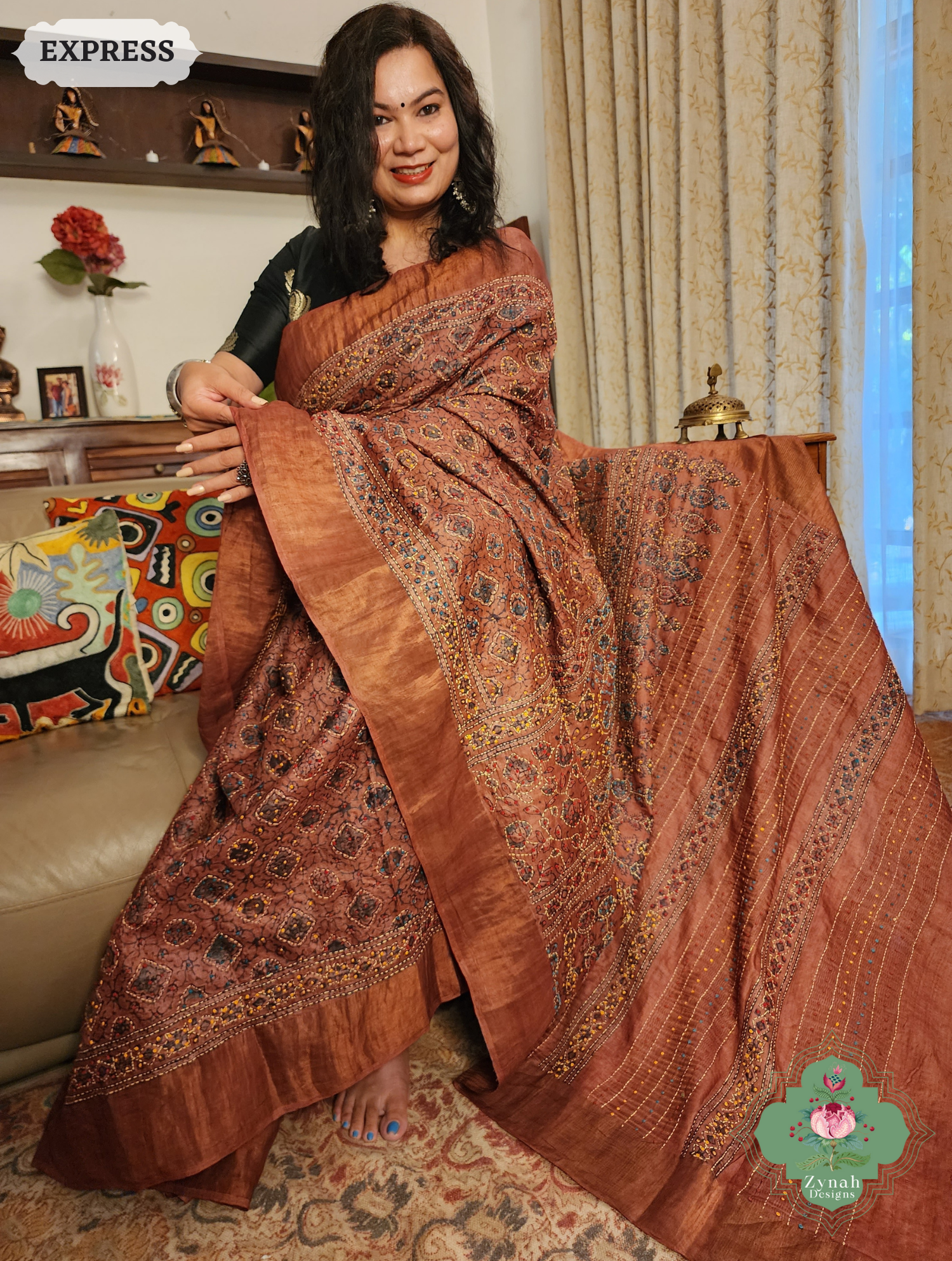 Zynah Madder Red Pure Tussar Silk Hand Block Print Ajrakh Saree With Hand Embroidery; Custom Stitched/Ready-made Blouse, Fall, Petticoat; SKU: 2409202509