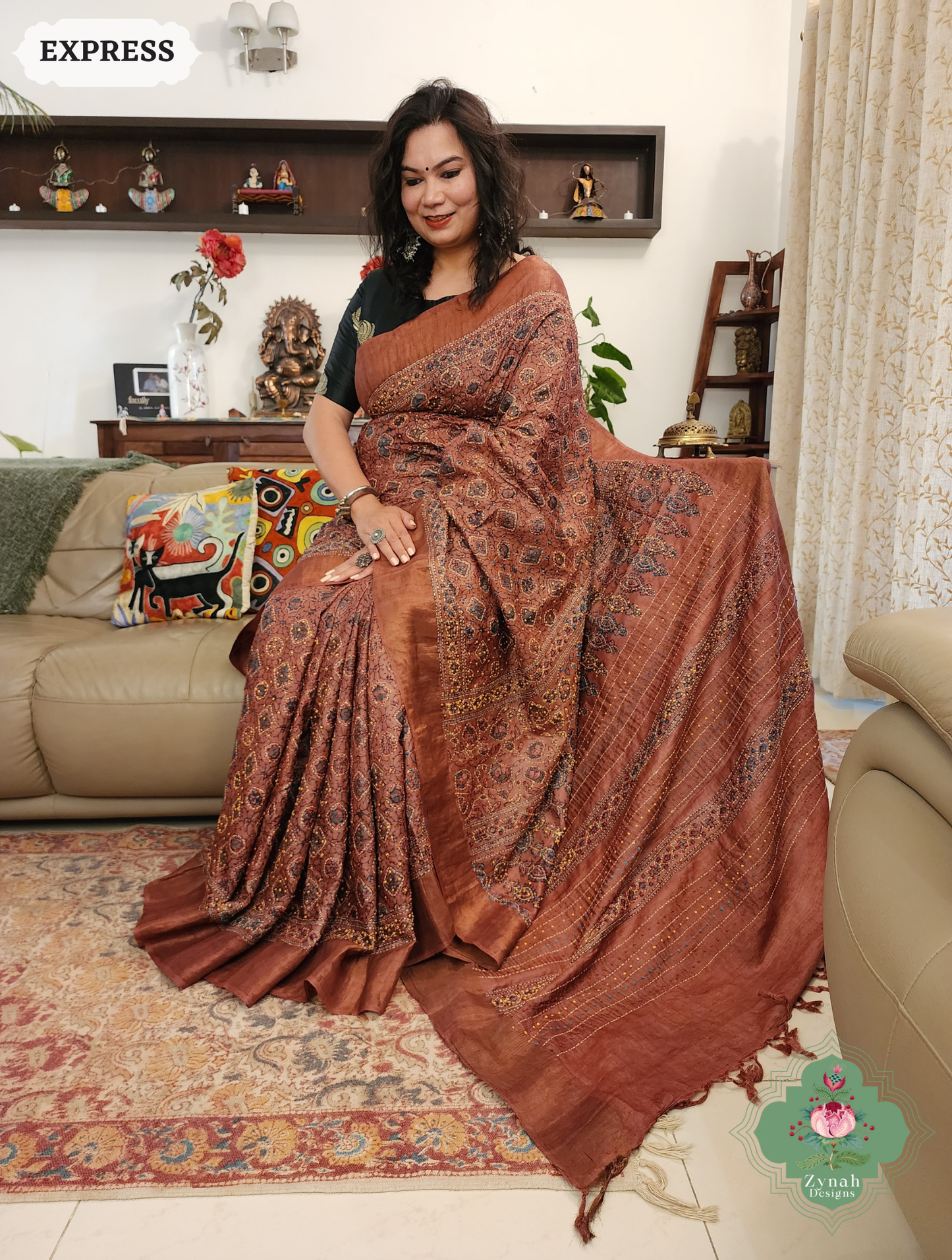 Zynah Madder Red Pure Tussar Silk Hand Block Print Ajrakh Saree With Hand Embroidery; Custom Stitched/Ready-made Blouse, Fall, Petticoat; SKU: 2409202509