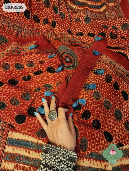 Zynah Madder Red Hand-Block Printed Georgette Silk Ajrakh Saree with Sequins Highlight; Custom Stitched/Ready-made Blouse, Fall, Petticoat; SKU: 1004202505