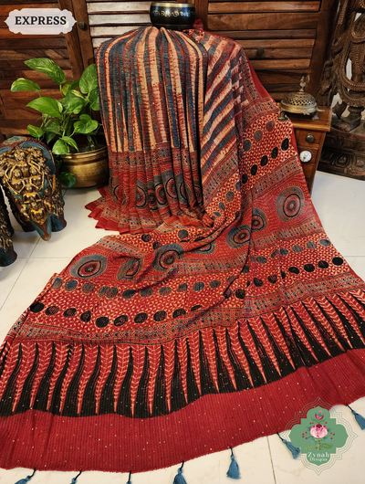 Zynah Madder Red Hand-Block Printed Georgette Silk Ajrakh Saree with Sequins Highlight; Custom Stitched/Ready-made Blouse, Fall, Petticoat; SKU: 1004202505