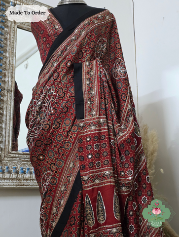 Zynah Made To Order Madder Red Ajrakh Modal Silk Saree With Lagdi Patta Pallu & Hand Embellishments; Custom Stitched/Ready-made Blouse, Fall, Petticoat; SKU:1909202510