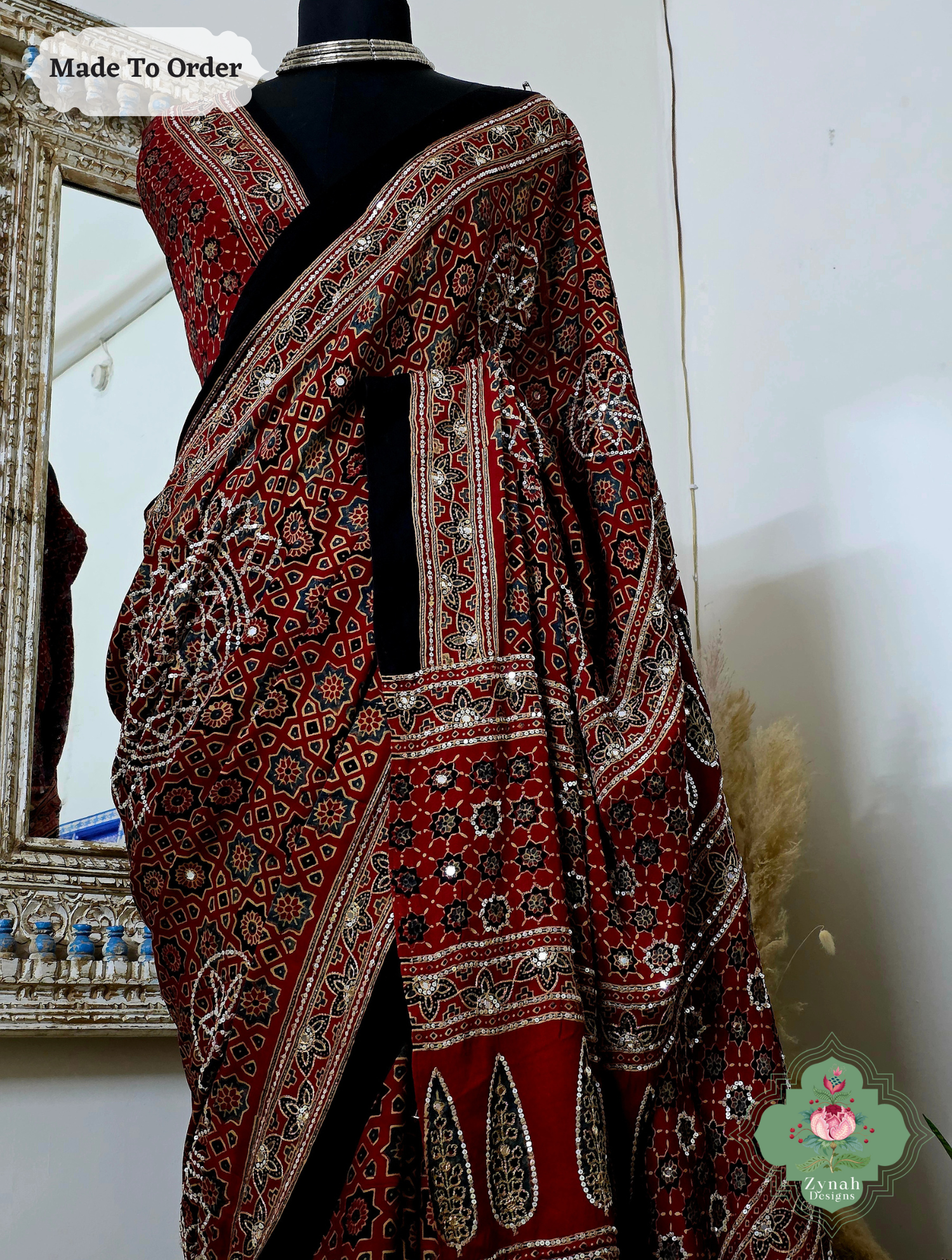 Zynah Made To Order Madder Red Ajrakh Modal Silk Saree With Lagdi Patta Pallu & Hand Embellishments; Custom Stitched/Ready-made Blouse, Fall, Petticoat; SKU:1909202510