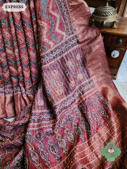 Zynah Madder Red Pure Tussar Silk Hand Block Print Ajrakh Saree With Hand Embroidery; Custom Stitched/Ready-made Blouse, Fall, Petticoat; SKU: 2409202510