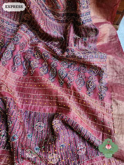 Zynah Madder Red Pure Tussar Silk Hand Block Print Ajrakh Saree With Hand Embroidery; Custom Stitched/Ready-made Blouse, Fall, Petticoat; SKU: 2409202510