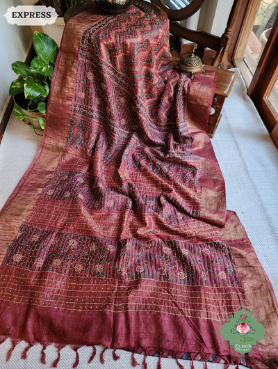Zynah Madder Red Pure Tussar Silk Hand Block Print Ajrakh Saree With Hand Embroidery; Custom Stitched/Ready-made Blouse, Fall, Petticoat; SKU: 2409202510