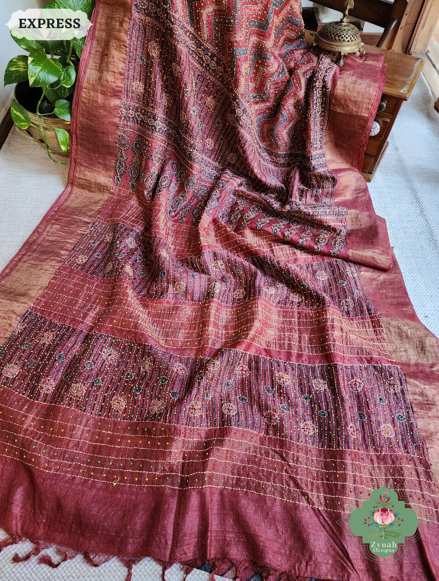 Zynah Madder Red Pure Tussar Silk Hand Block Print Ajrakh Saree With Hand Embroidery; Custom Stitched/Ready-made Blouse, Fall, Petticoat; SKU: 2409202510