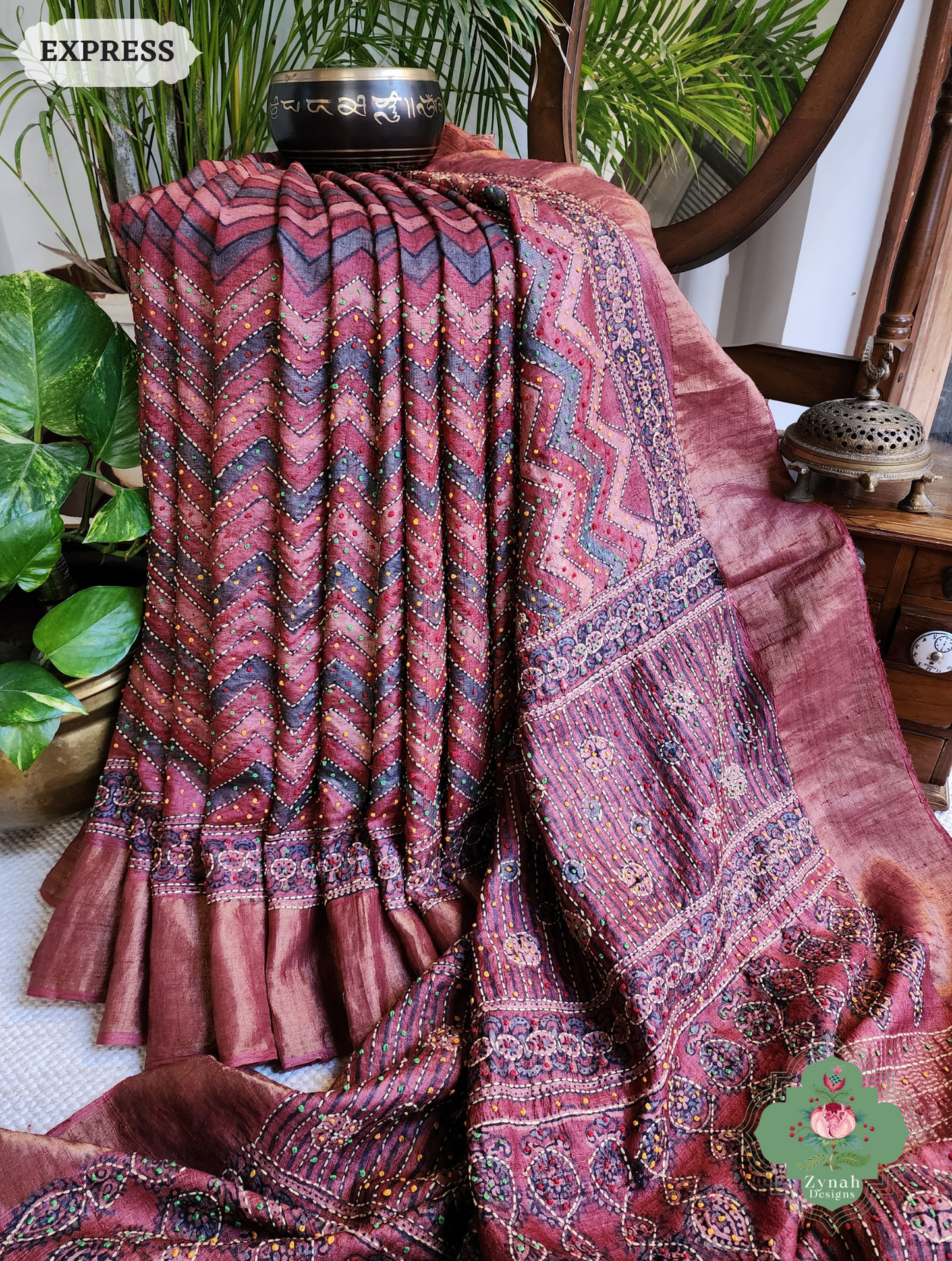 Zynah Madder Red Pure Tussar Silk Hand Block Print Ajrakh Saree With Hand Embroidery; Custom Stitched/Ready-made Blouse, Fall, Petticoat; SKU: 2409202510
