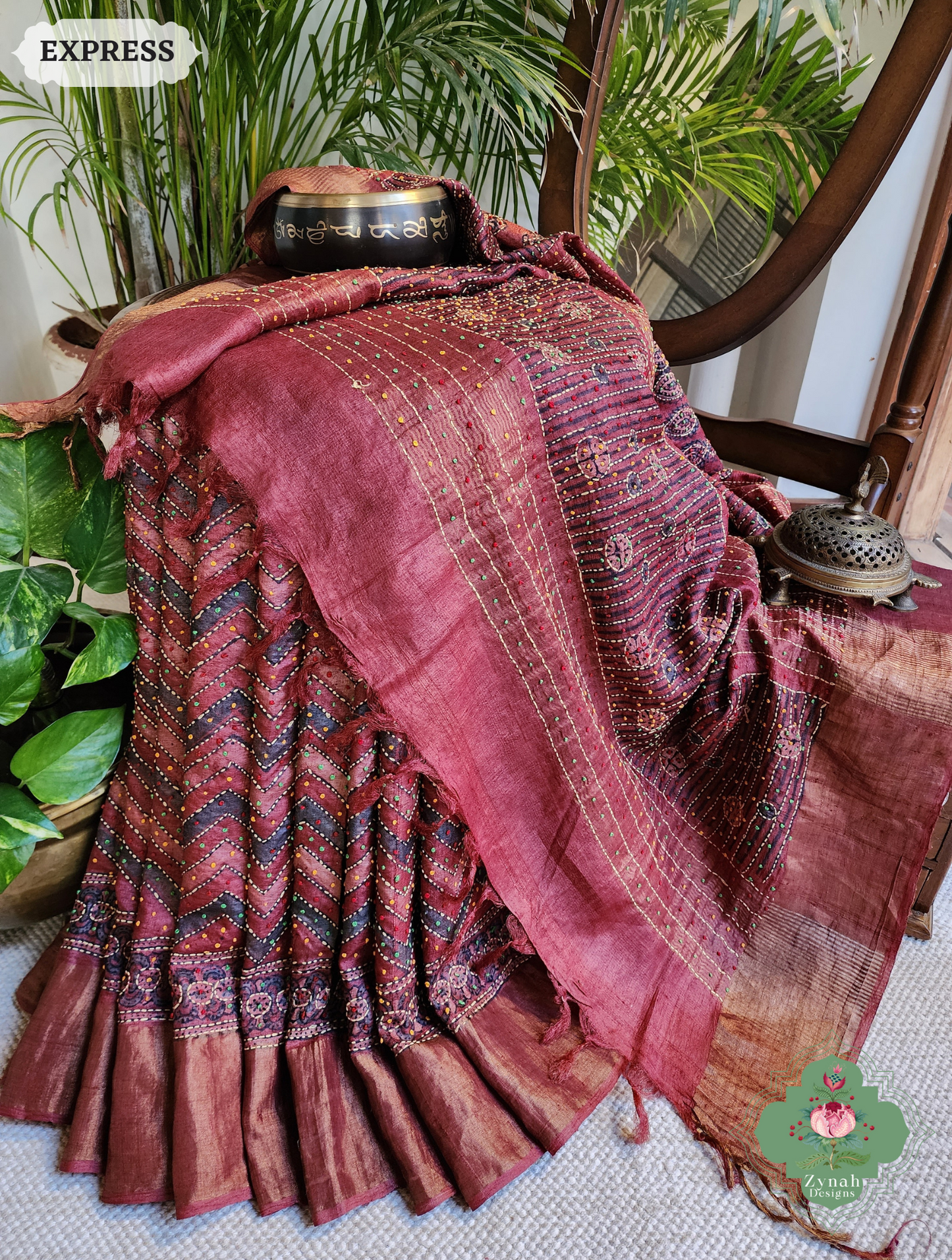 Zynah Madder Red Pure Tussar Silk Hand Block Print Ajrakh Saree With Hand Embroidery; Custom Stitched/Ready-made Blouse, Fall, Petticoat; SKU: 2409202510