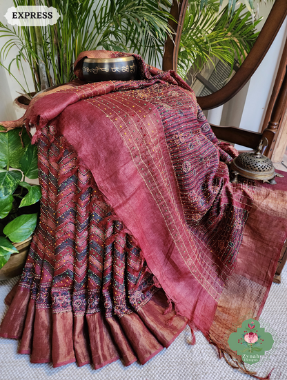 Zynah Madder Red Pure Tussar Silk Hand Block Print Ajrakh Saree With Hand Embroidery; Custom Stitched/Ready-made Blouse, Fall, Petticoat; SKU: 2409202510