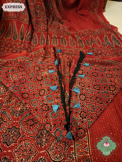 Zynah Madder Red Hand-Block Printed Georgette Silk Ajrakh Saree with Sequins Highlight; Custom Stitched/Ready-made Blouse, Fall, Petticoat; SKU: 1004202508