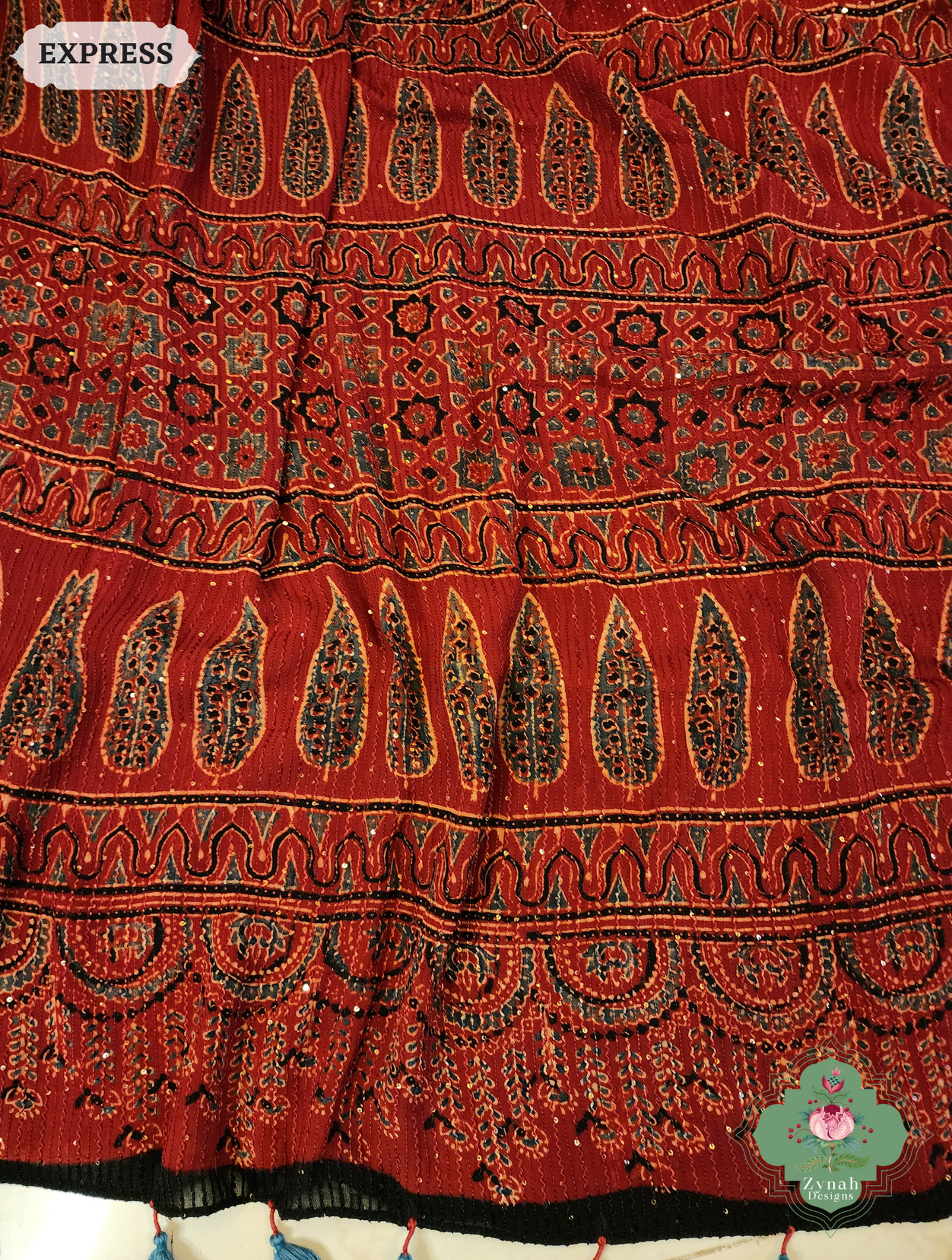 Zynah Madder Red Hand-Block Printed Georgette Silk Ajrakh Saree with Sequins Highlight; Custom Stitched/Ready-made Blouse, Fall, Petticoat; SKU: 1004202508