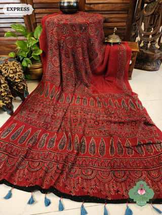 Zynah Madder Red Hand-Block Printed Georgette Silk Ajrakh Saree with Sequins Highlight; Custom Stitched/Ready-made Blouse, Fall, Petticoat; SKU: 1004202508