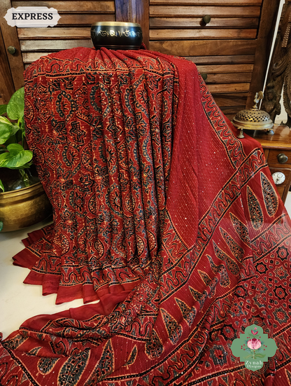 Zynah Madder Red Hand-Block Printed Georgette Silk Ajrakh Saree with Sequins Highlight; Custom Stitched/Ready-made Blouse, Fall, Petticoat; SKU: 1004202508