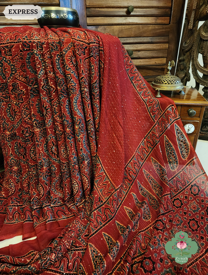 Zynah Madder Red Hand-Block Printed Georgette Silk Ajrakh Saree with Sequins Highlight; Custom Stitched/Ready-made Blouse, Fall, Petticoat; SKU: 1004202508