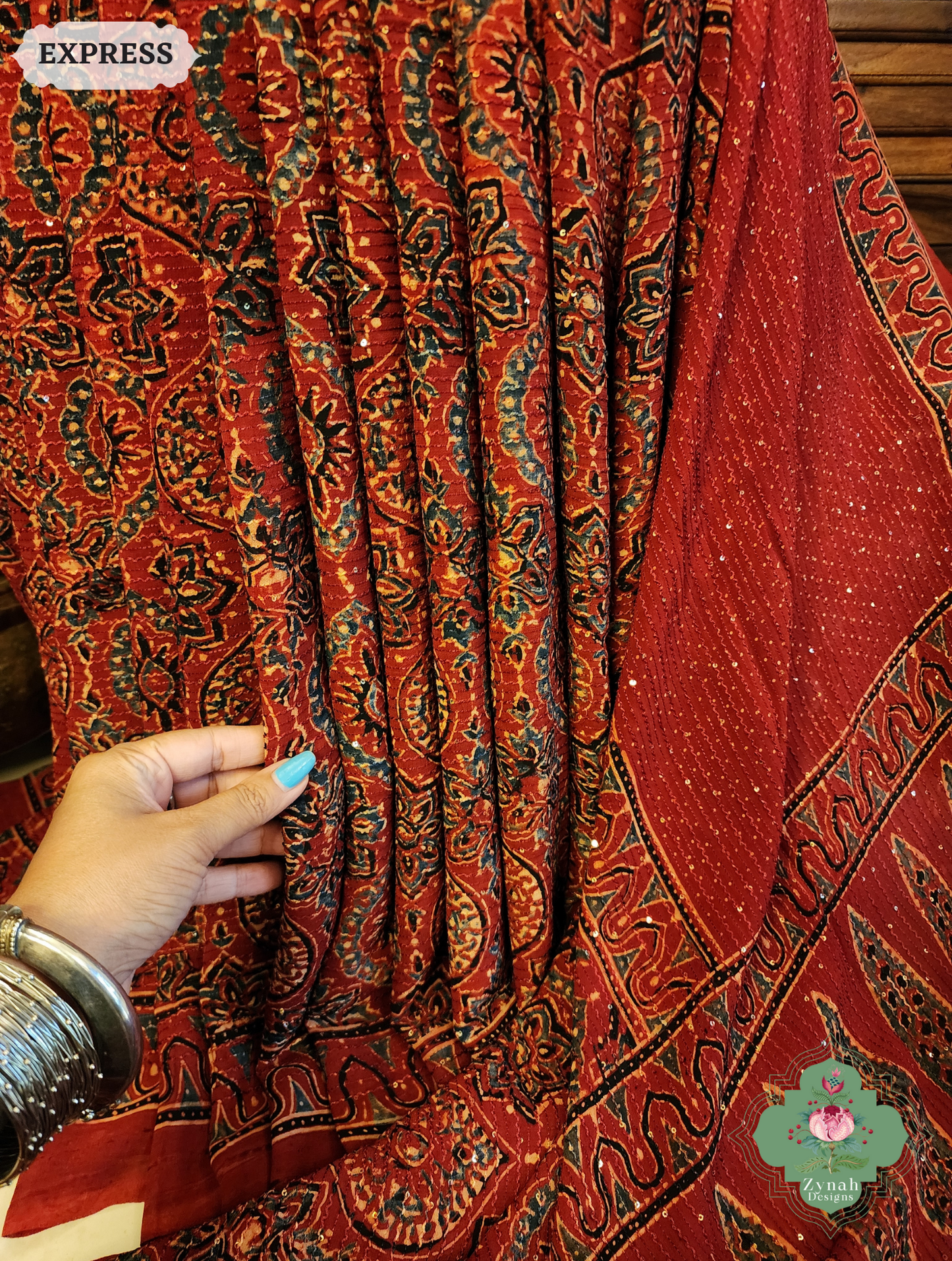 Zynah Madder Red Hand-Block Printed Georgette Silk Ajrakh Saree with Sequins Highlight; Custom Stitched/Ready-made Blouse, Fall, Petticoat; SKU: 1004202508