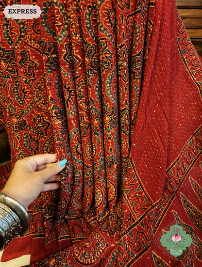Zynah Madder Red Hand-Block Printed Georgette Silk Ajrakh Saree with Sequins Highlight; Custom Stitched/Ready-made Blouse, Fall, Petticoat; SKU: 1004202508